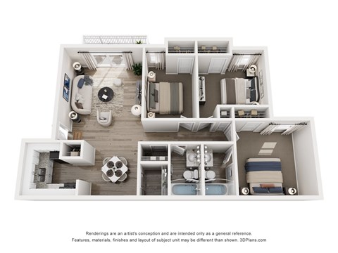 Floor plan for 3 beds, 2 baths, 1121 sqft